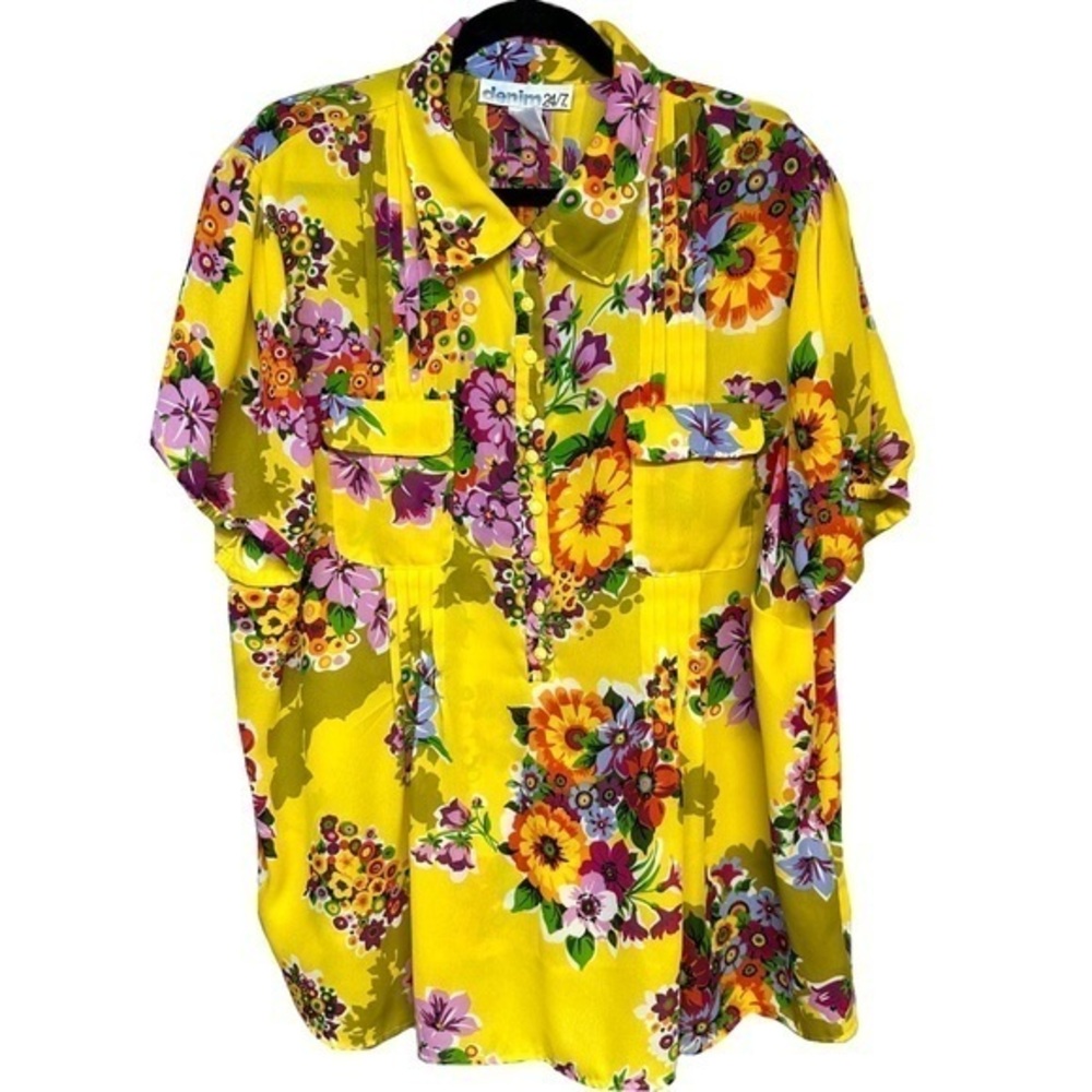 Yellow Floral Chiffon Sheer Colorful Popover Boho Blouse Tropical Bright 22W